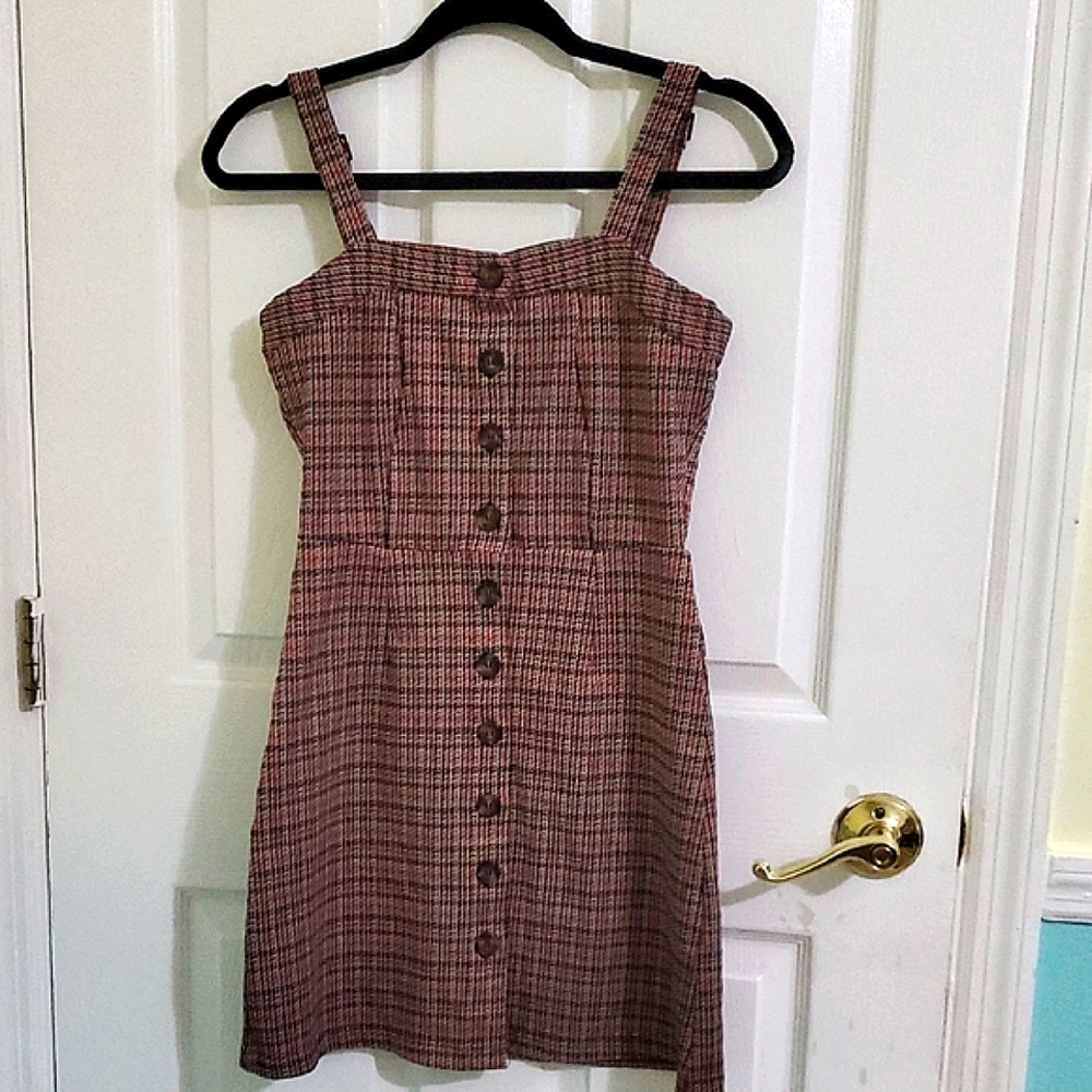 Inspired Hearts Maroon Pinafore Dark Academia Preppy Plaid Button-Down Dress S